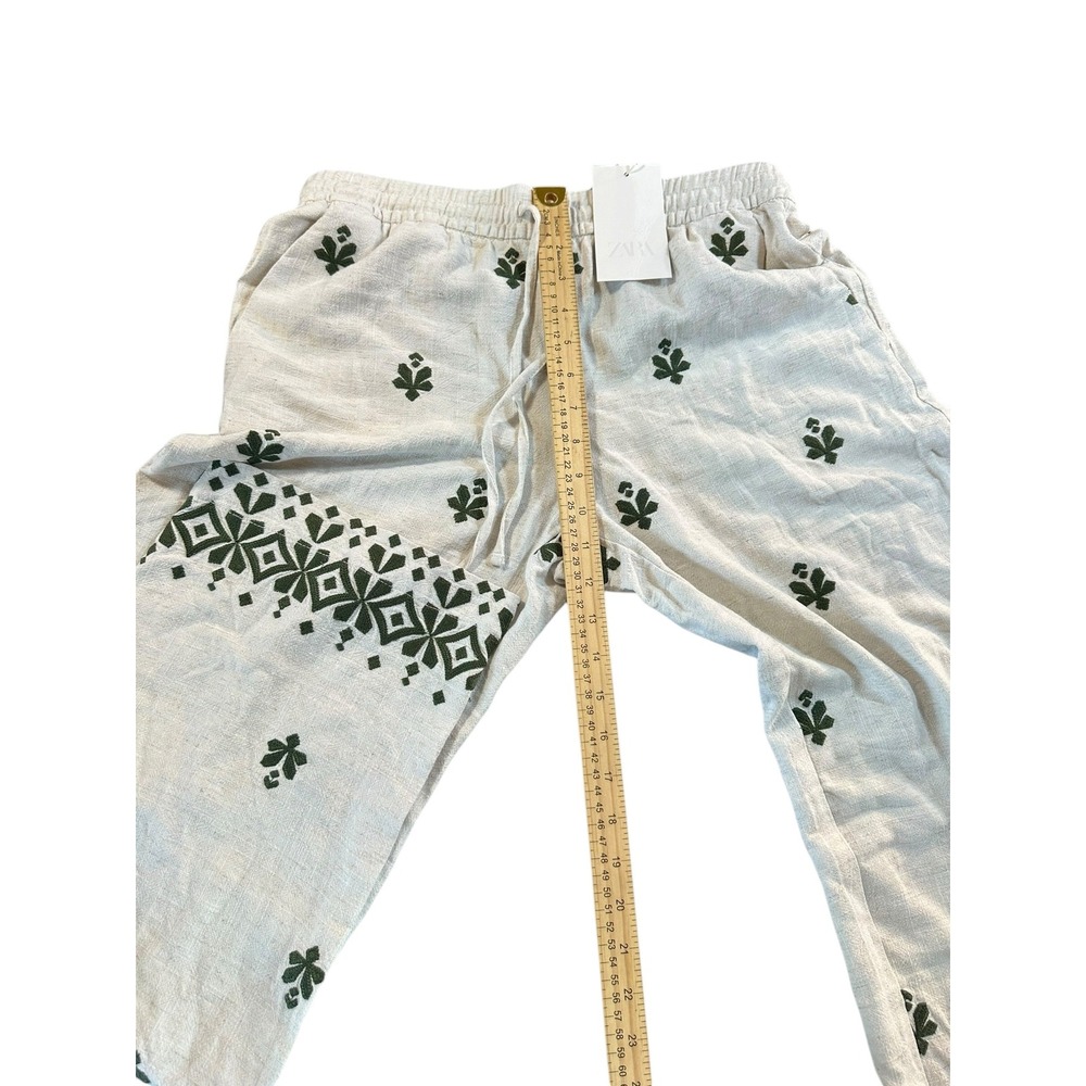 ZARA‎ NWT Linen Blend Embroidered Wide Leg Pants Boho Drawstring Size M - Picture 3 of 5